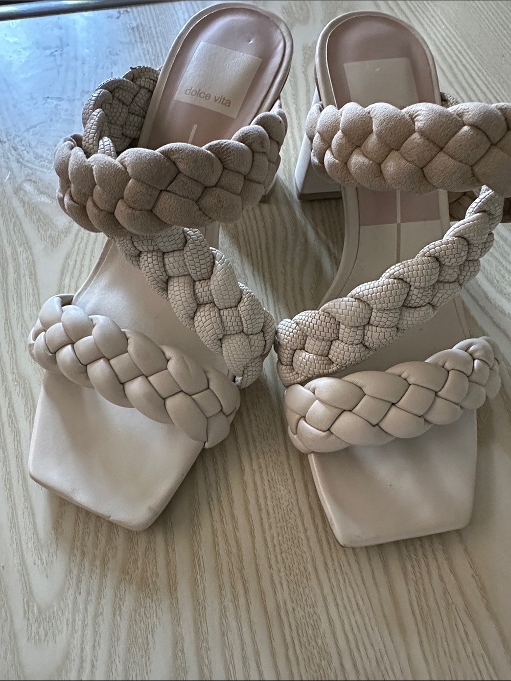 Dolce Vita Braided Strap Square-Toe Heeled Sandals in Beige